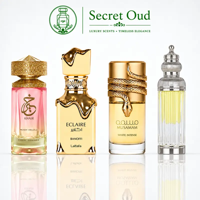 Khair Peach Delulu + Eclaire Banoffi + Musamam White + Haakem -- 4 piece bundle Fragrance Scent Arabian Fragrance Set