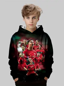 Boys' Cristiano Ronaldo Portugal Graphic Team Hoodie, Casual Fitted Design, All over Print, Fall & Winter Wear, Moderate Fabric Thickness