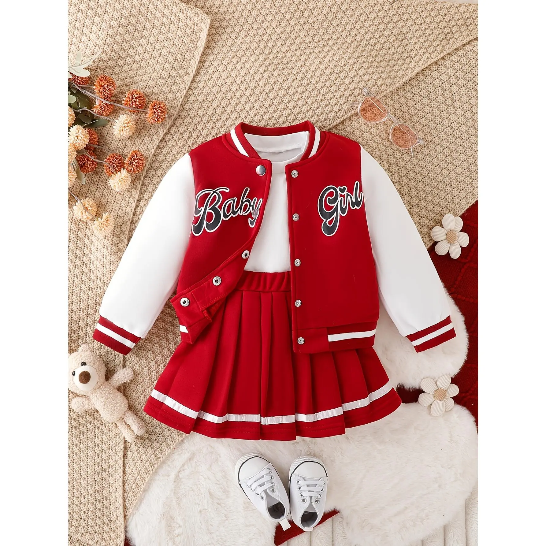 (New) Preppy Casual Baby Girl's 2-Piece Set - Baseball Jacket with BABY GIRL Print + Pleated Skirt, Ideal for Party, Sports, Gifting, Baby Clothing, Outfits Inspo