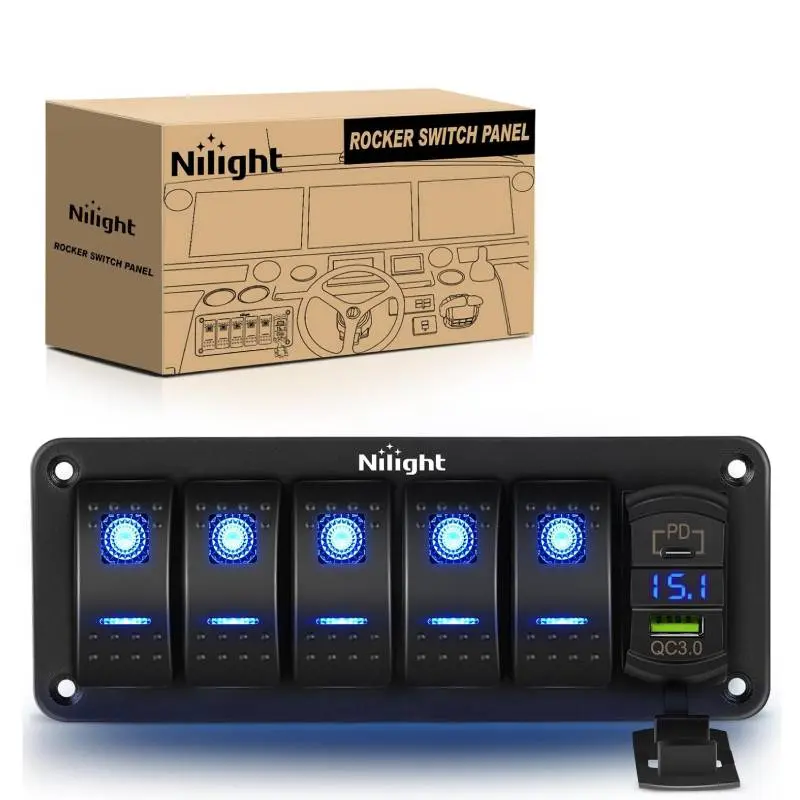 Nilight 5-Gang Aluminum 5-Pin Blue ON/OFF Rocker Switch Panel - Automotive Switchboard for Cars, Boats, 12-24V, Glow-in-the-Dark LED Display, DIY-Friendly, PD Type-C & USB Dual Charging Ports, Built-in Voltmeter