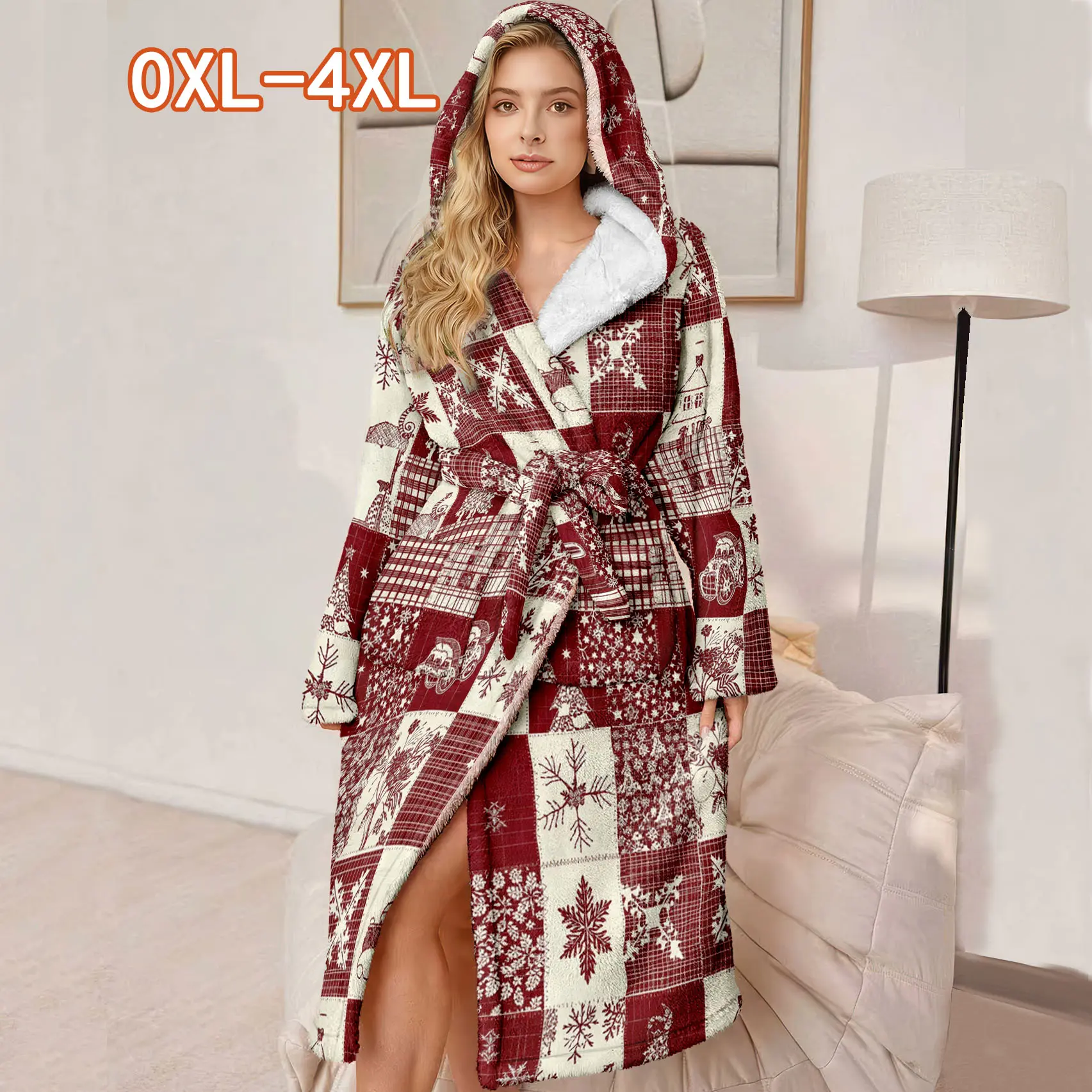 Plus Size Hooded Bathrobe for Women, Soft Plush Robe with Checkered Pattern, Perfect Gift for Mother and Wife