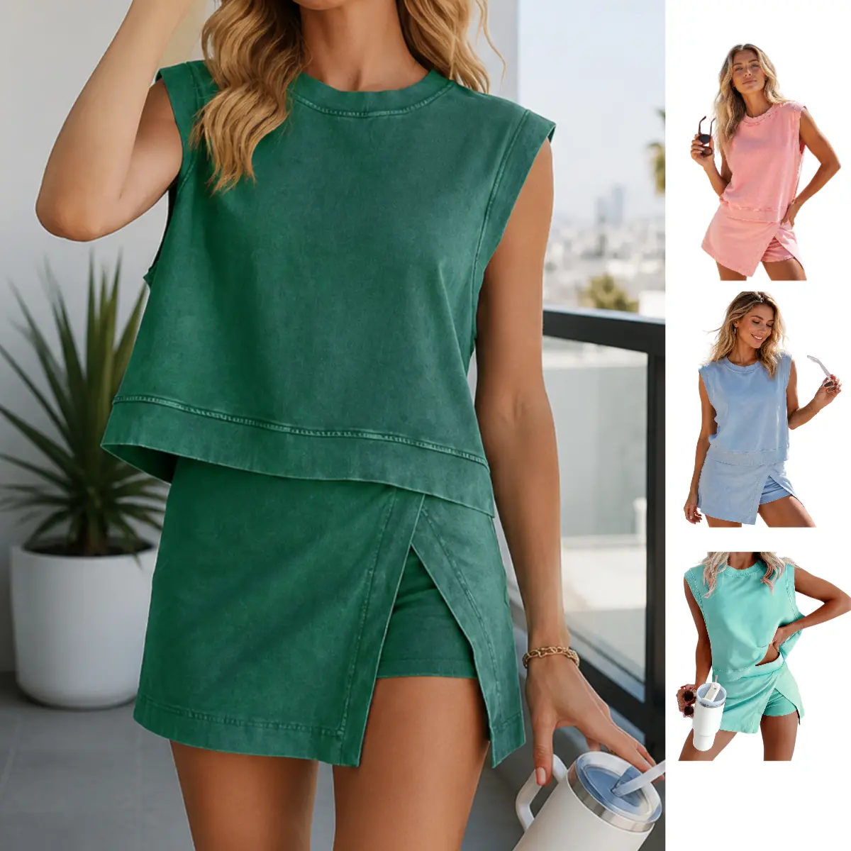 Women's 2-Piece Pure Cotton Short Sleeve T-Shirt & Shorts Loungewear Set - Minimalist Solid Colors, Soft Breathable Lightweight Relaxed Fit, Sleeveless Option Available, Daily Home Wear Holiday Gift for Ladies, Basic, All Seasons
