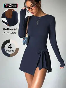 Women's Solid Color Racer Back Tennis Athletic Dress, Casual Comfortable Breathable Long Sleeve Dress for Daily Outdoor Wear, Ladies Clothes for All Seasons