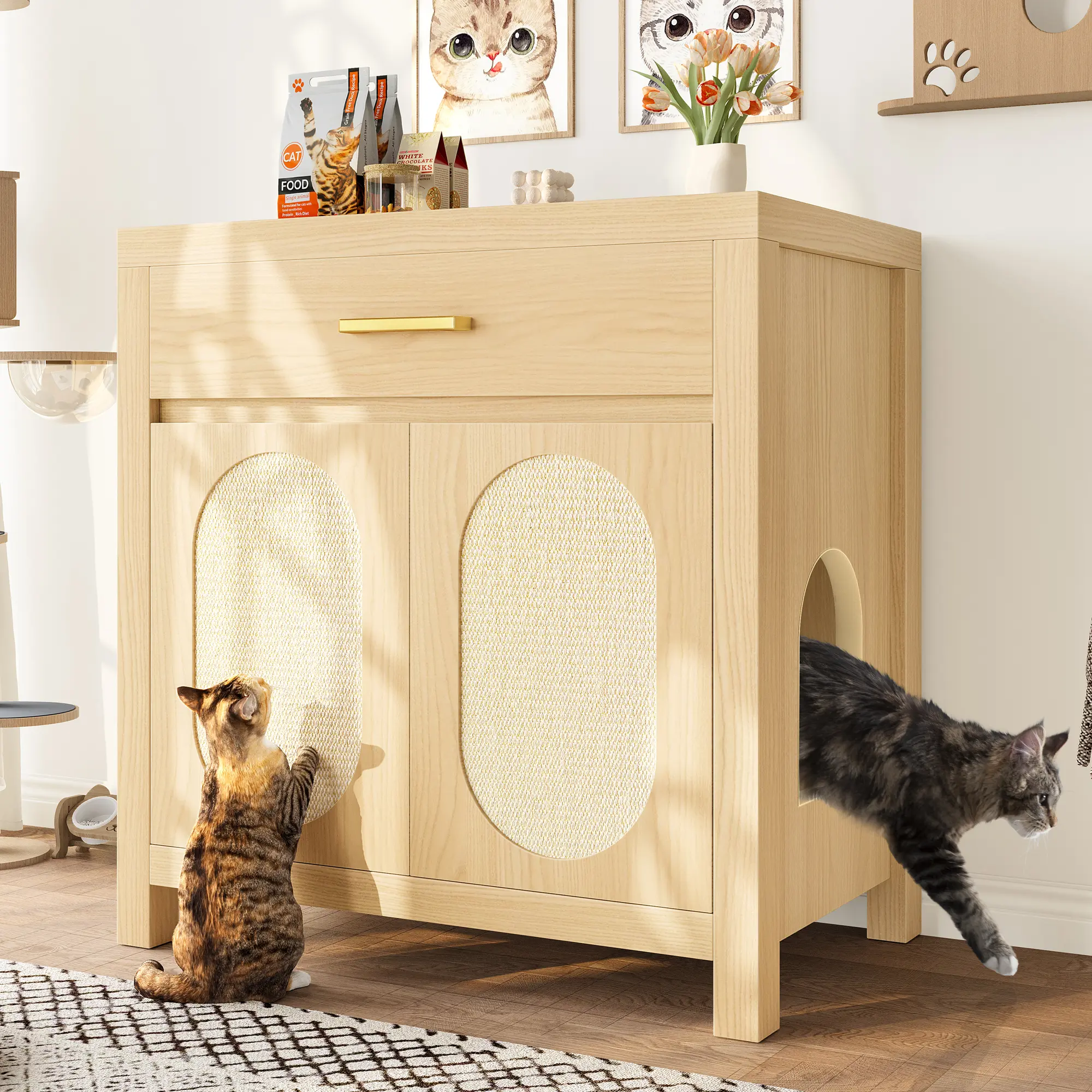 Wooden Litter Box with Lid Cabinet - Scratching Board Doors, Hidden Enclosure, Storage Drawer - Pet Furniture for Living Room, Bedroom