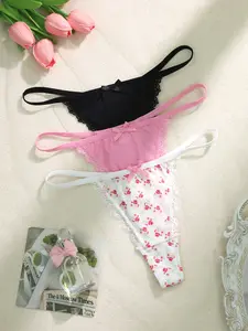 LUSHLACE Bow Lace Floral Thong Panties Set - Sexy Lingerie