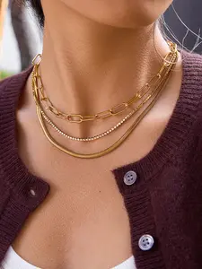18K Gold Plated Layered Necklaces For Women Stackable Gold Plated Circle Paperclip Chain Pendant Choker Necklace