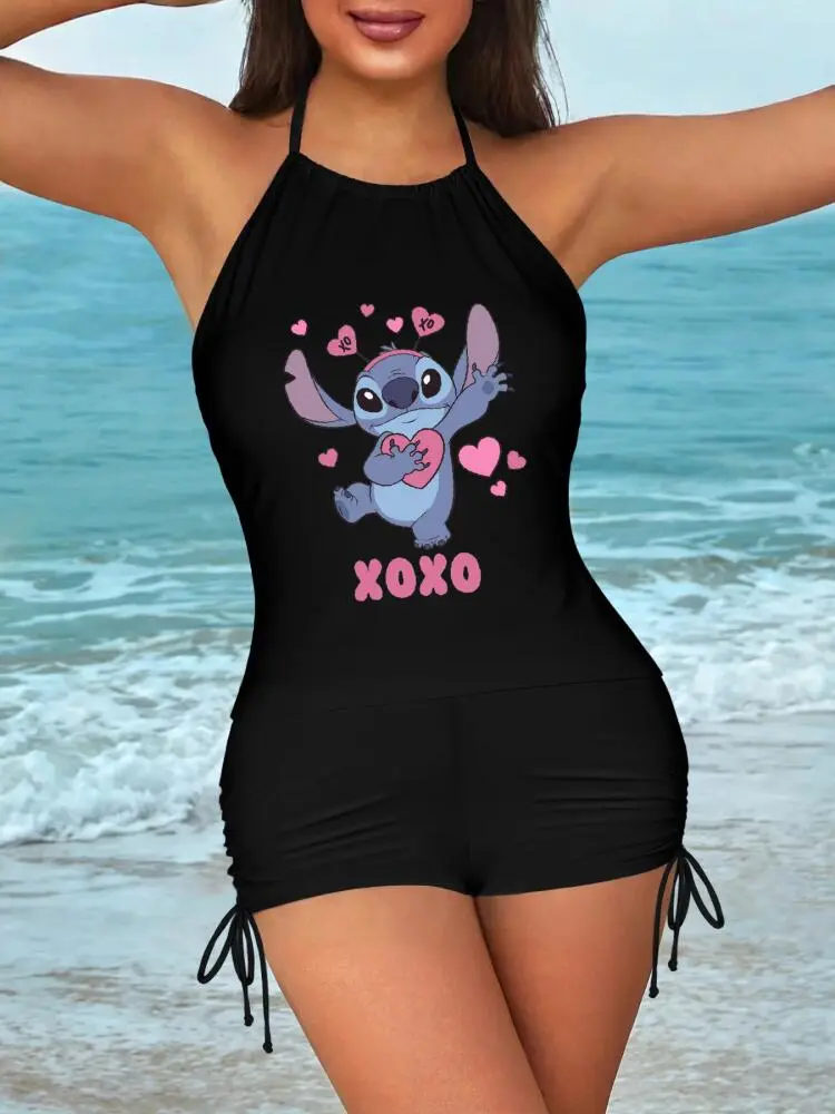 Disney Stitch Women 200GSM Nylon Halter Neck Swim Set UPF50+ Stretch Kawaii Beach Bathing Suit