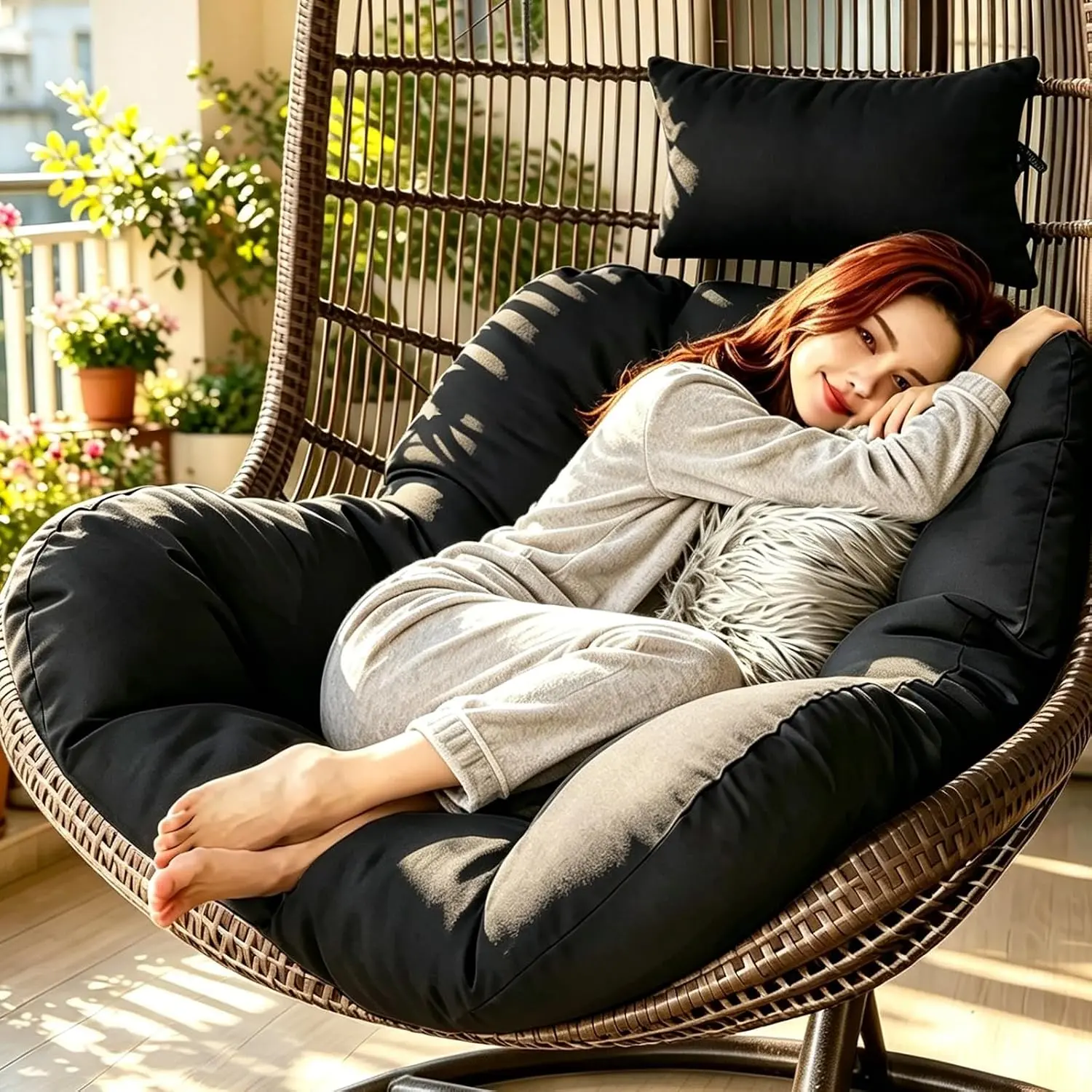 Hanging Egg Chair Cushion Replacement, Outdoor Egg Chair Cushion Waterproof with Headrest Pillow for Patio Furniture U-Shaped Swing Cushion for Eggs Chairs with Ties, Black