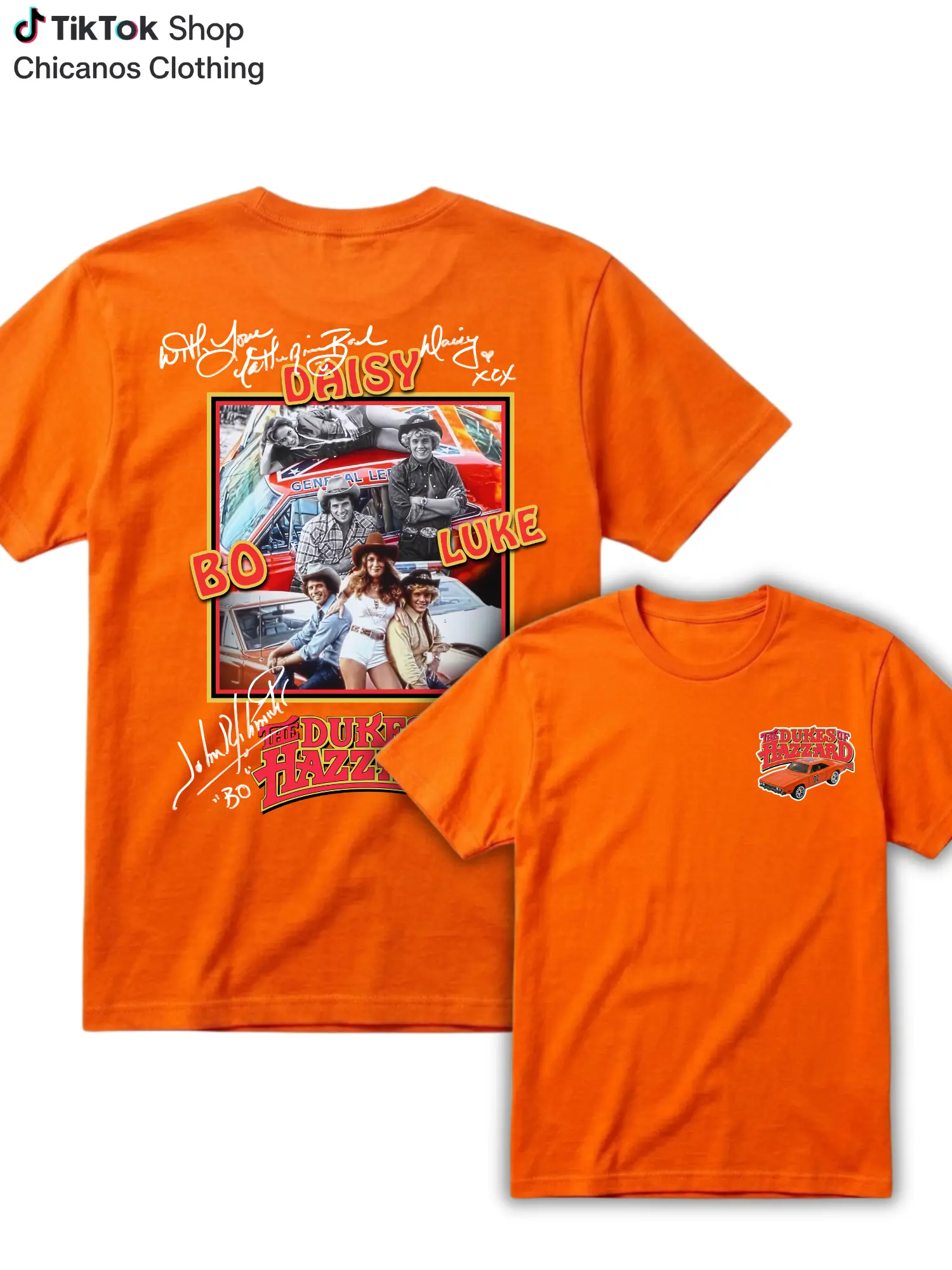 Men's Southern Road Adventure Cast T-Shirt - Orange 2-Sided Retro TV-Inspired Tee with Classic 01 Muscle Car, Printed Signature Details, Vintage Action Comedy Fan Top, Nostalgic Gift
