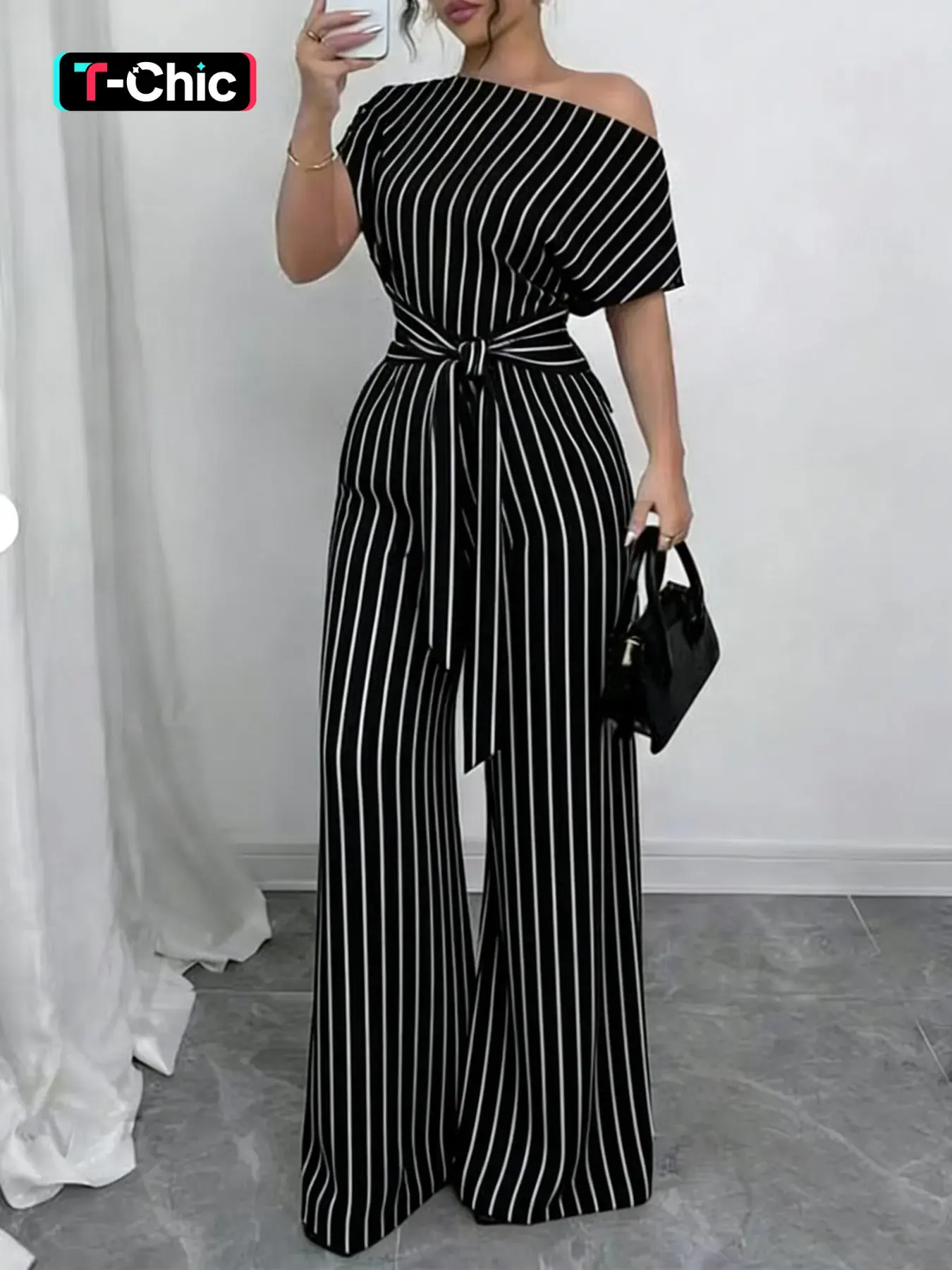Women's Vertical Stripe Jumpsuit, Asymmetric One Shoulder, Short Sleeves, Waist Tie Belt, Wide Leg Full Length, Office Commute, Date Night, Party Wear, Casual, Breathable Wrinkle-resistant Fabric, Retro Vertical Stripe Style, Striped, Womenswear