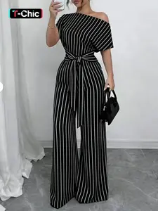 Women's Vertical Stripe Jumpsuit, Asymmetric One Shoulder, Short Sleeves, Waist Tie Belt, Wide Leg Full Length, Office Commute, Date Night, Party Wear, Casual, Breathable Wrinkle-resistant Fabric, Retro Vertical Stripe Style, Striped, Womenswear