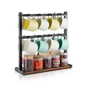 VEVOR Coffee Mug Holder for Countertop, 16 Hooks Coffee Cup Holder with Storage Base, 2 Tier Mugs Tree Rack Carbon Steel Wood Mug Display Stand, for Coffee Bar Home Storage and Display (Matte Black)