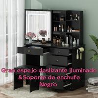 Large Sliding Lighted Mirror & Power Strip/ Black