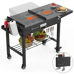 WARMOUNTS Foldable Grill Cart Outdoor with Wheels, Portable Outdoor Grill Table with Storage, Movable Stand Fits 17''/22'' Tabletop Grill, 400 Lbs Weight, for Camping, BBQ