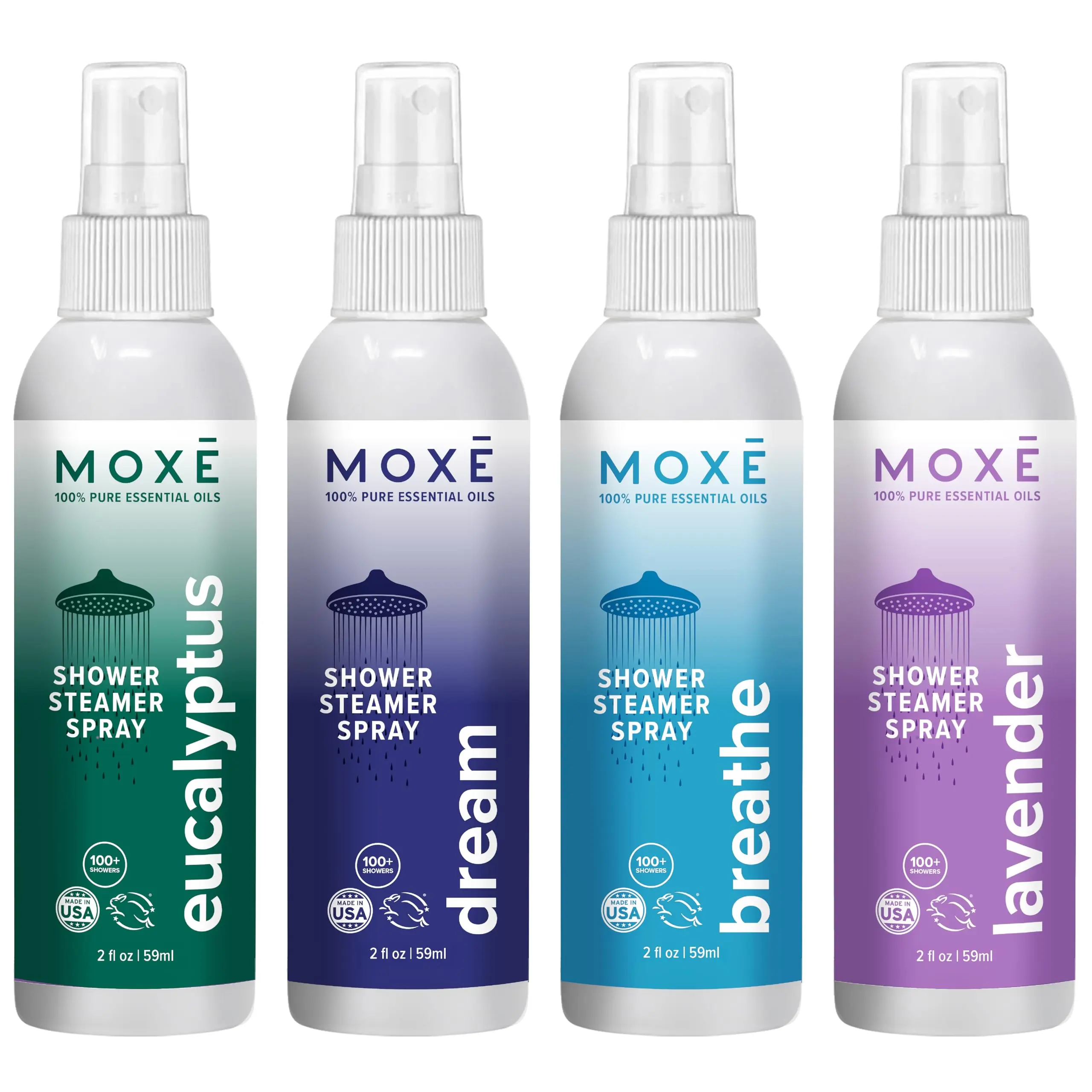 MOXĒ Shower Mist Variety Pack, Eucalyptus, Lavender, Breathe and Dream, Spa Steam Spray, Natural 100% Essential Oils, Made in USA, Aromatherapy, Sinus Congestion Relief, 4 Pack (8oz)