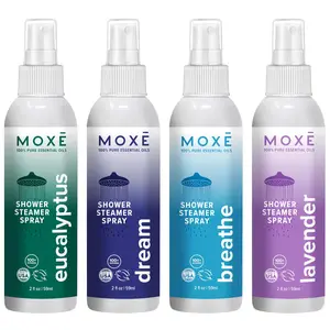 MOXĒ Shower Mist Variety Pack, Eucalyptus, Lavender, Breathe and Dream, Spa Steam Spray, Natural 100% Essential Oils, Made in USA, Aromatherapy, Sinus Congestion Relief, 4 Pack (8oz)
