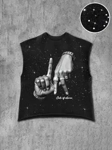 Men's Trendy Versatile Vest Top, Finger Print Round Neck Silver Color Wide Shoulder, Casual Streetwear for All Seasons