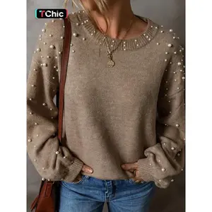 Women's Faux Pearl Decor Drop Shoulder Sweater, Casual Long Sleeve Round Neck Jumper for Fall & Winter, Fashion Ladies' Knitwear for Daily Wear(gift)