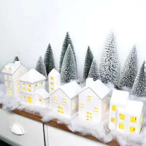 5 Pcs White Ceramic Christmas Village Houses with 9 Pcs Trees and Fake Snow Farmhouse Indoor Christmas Decorations for Home Table Mantle Fireplace