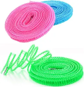 Clotheslines 3 Pack 1.64ft Length Portable Windproof Nylon Ropes in Blue Pink Green with Easy-to-Use Stainless Steel Hooks for Camping, Travel, Indoor & Outdoor Use Laundry