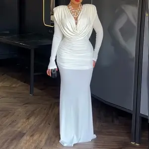 Women’s Casual Long Dress with Scarf Neckline, Pleated Waist, Slim Fit, Padded Shoulders, and Backless Design for Evening Wear