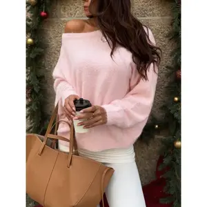 Women Off Shoulder Pink Knit Pullover Soft Fuzzy Jumper Long Sleeve Loose Fit Solid Color Casual Knitwear Elegant Cozy Warm Fall Winter Tops Chic Streetwear