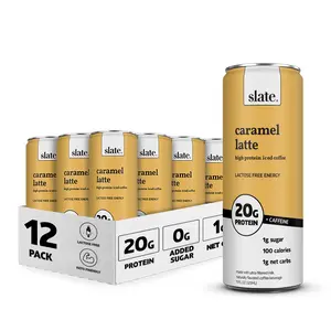 Slate Milk - High Protein Iced Coffee - Caramel Latte - 175mg Caffeine, Lactose Free Energy - 20g Protein, 1g Sugar, 100 Calories, 1g Net Carbs, No Sugar Added - Protein Coffee - 11 fl oz, 12 Cans