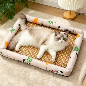 Summer Cooling Cat Bed, Breathable Rattan Pet Mat with Cute Panda Print, Washable Elevated Cat Sofa for Indoor Cats & Small Dogs, Non-Slip Kitten Sleeping Pad for Hot Weather
