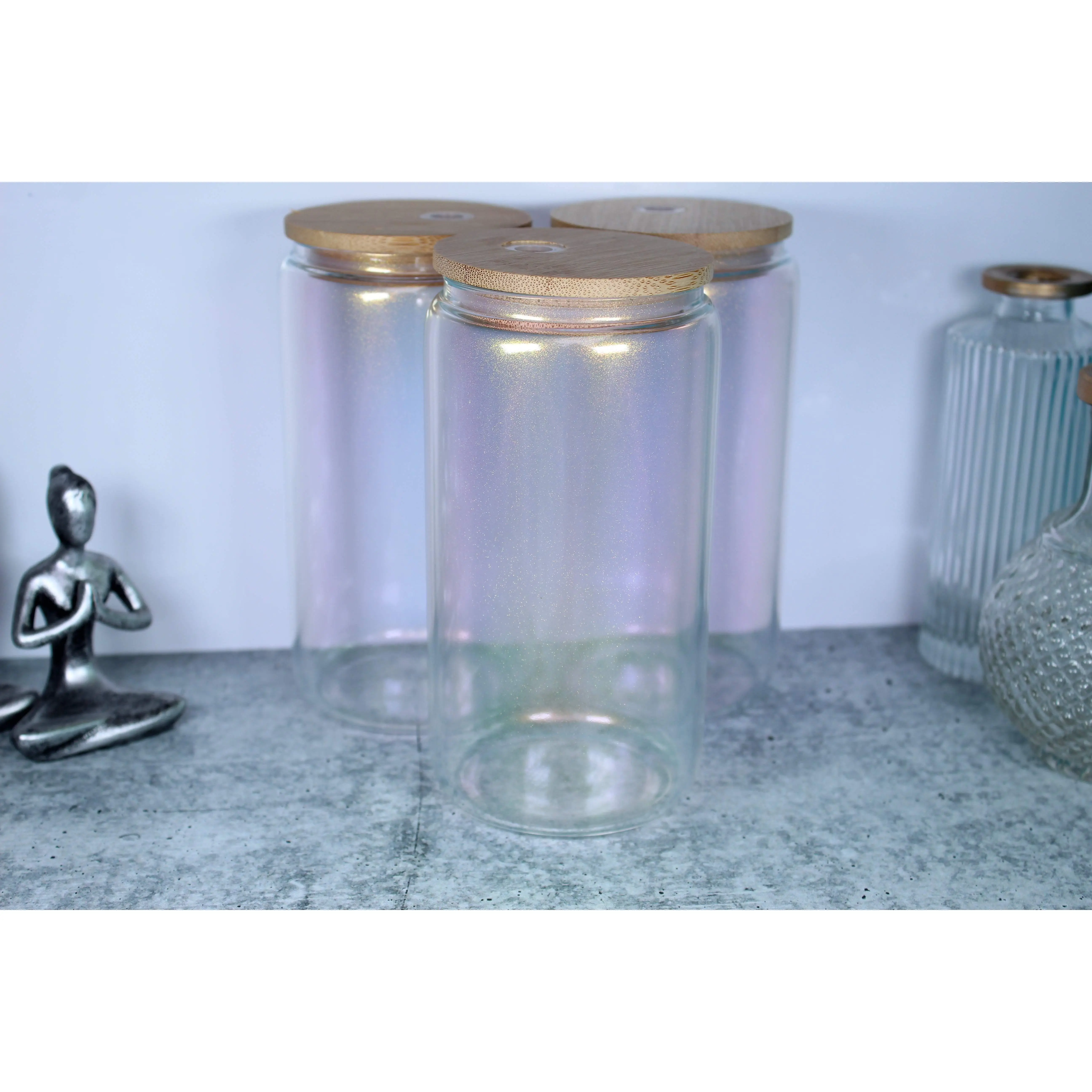 GREEN IRIDESCENT GLASS CAN 16.oz