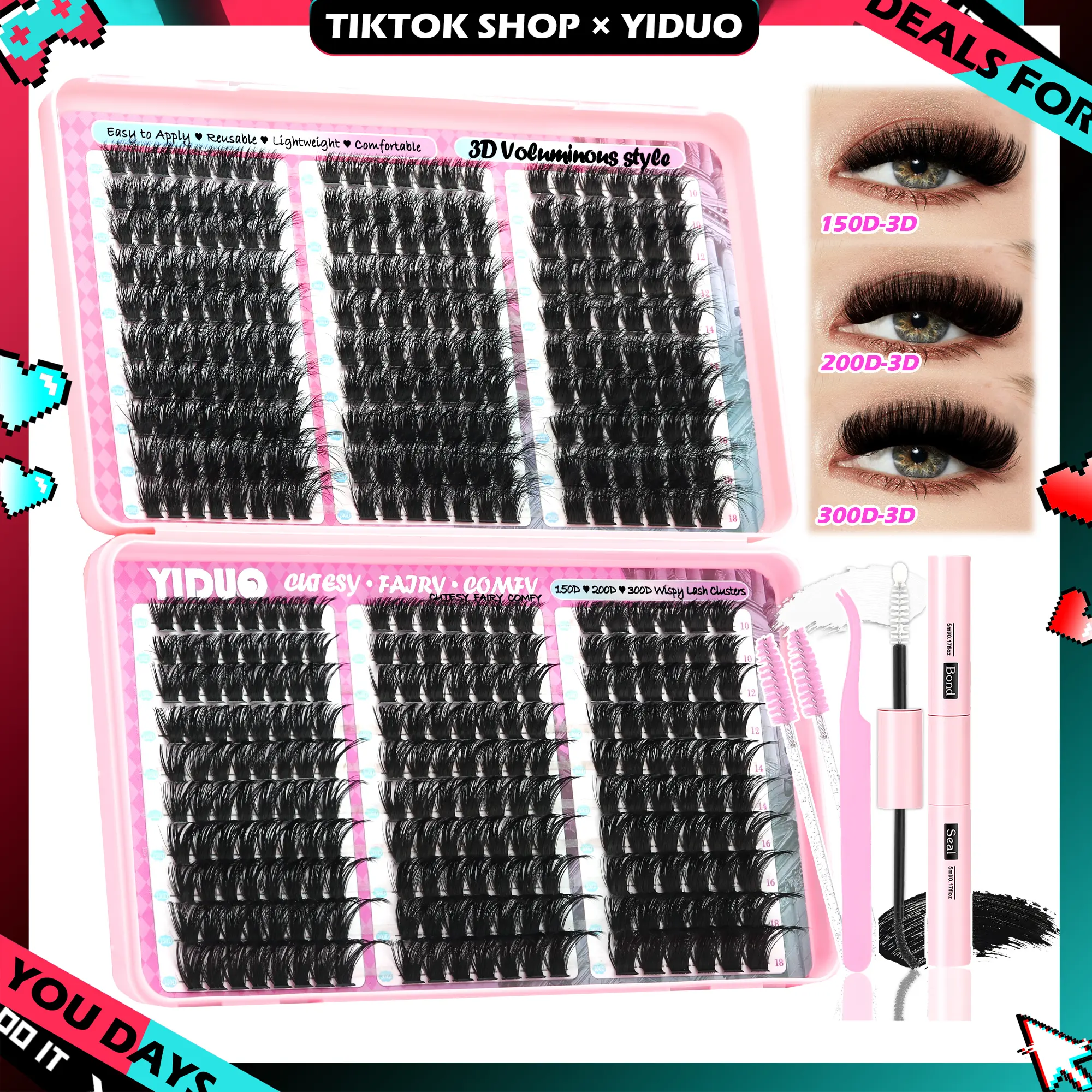YIDUO 600pcs 540pcs 420pcs Lash Clusters Extension Kit–9 Styles (30D/40D/50D/60D/80D/100D/150D/200D/300D), Mixed Fluffy Individual Lashes with Lash Book, Multi-Volume & High Cost-Effectiveness, Includes Bond & Seal, for Beginners & Professionals Cosmetic