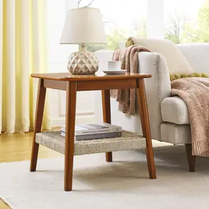 ARCH 23" Mid-Century Side Table with Woven Shelf, Boho Side Table with Storage, Bedside Tables, Small Side Table for Living Room Couch Patio Home Office