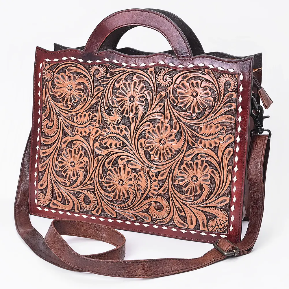 American Darling Briefcase Bag Hand Tooled Floral Carved Buck Stitched Genuine Leather Western Work Bag