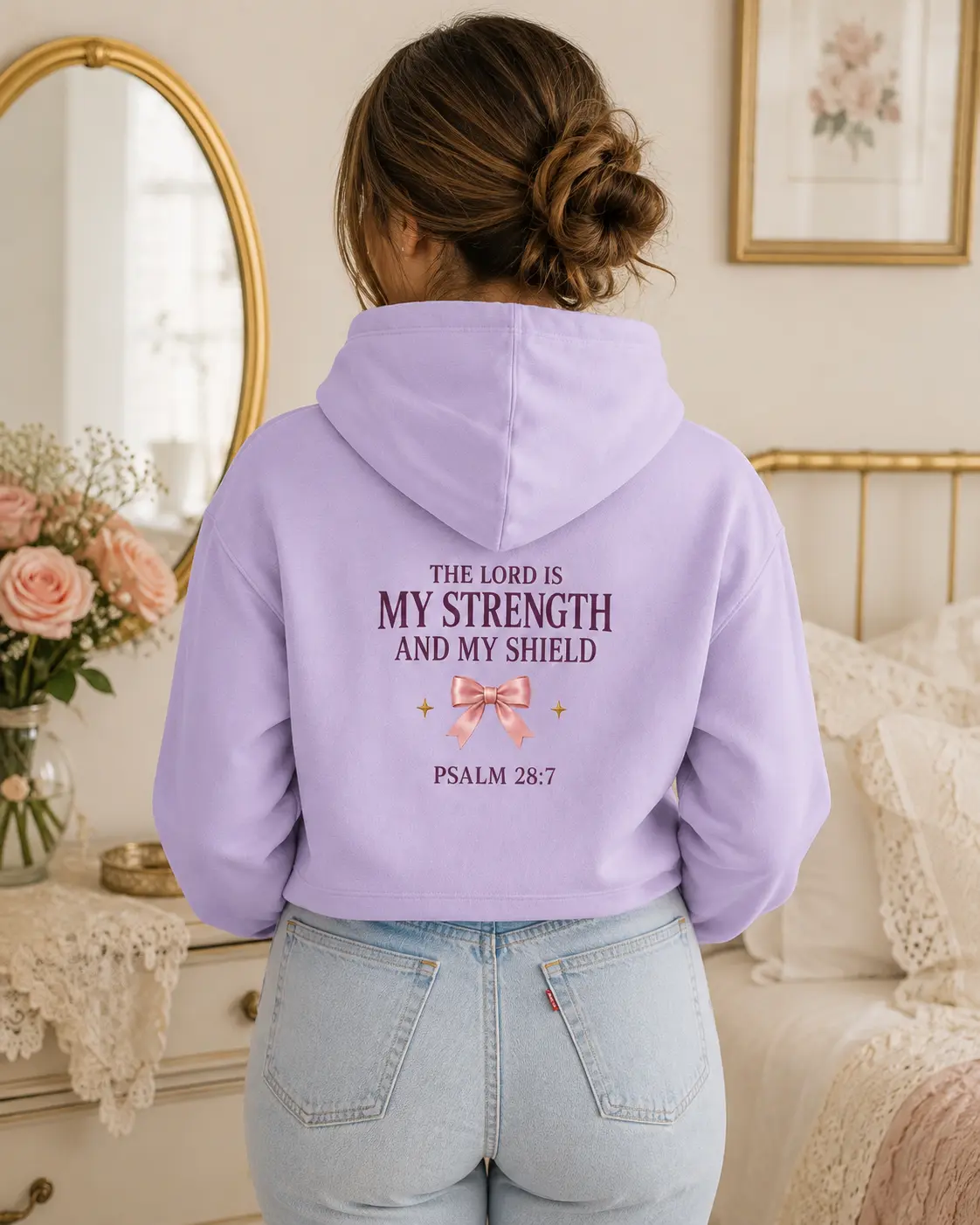 Psalm 28:7 Cropped Hoodie — 'The Lord Is My Strength and My Shield' Pastel Bow Religious Crop Hoodie Casual Soft