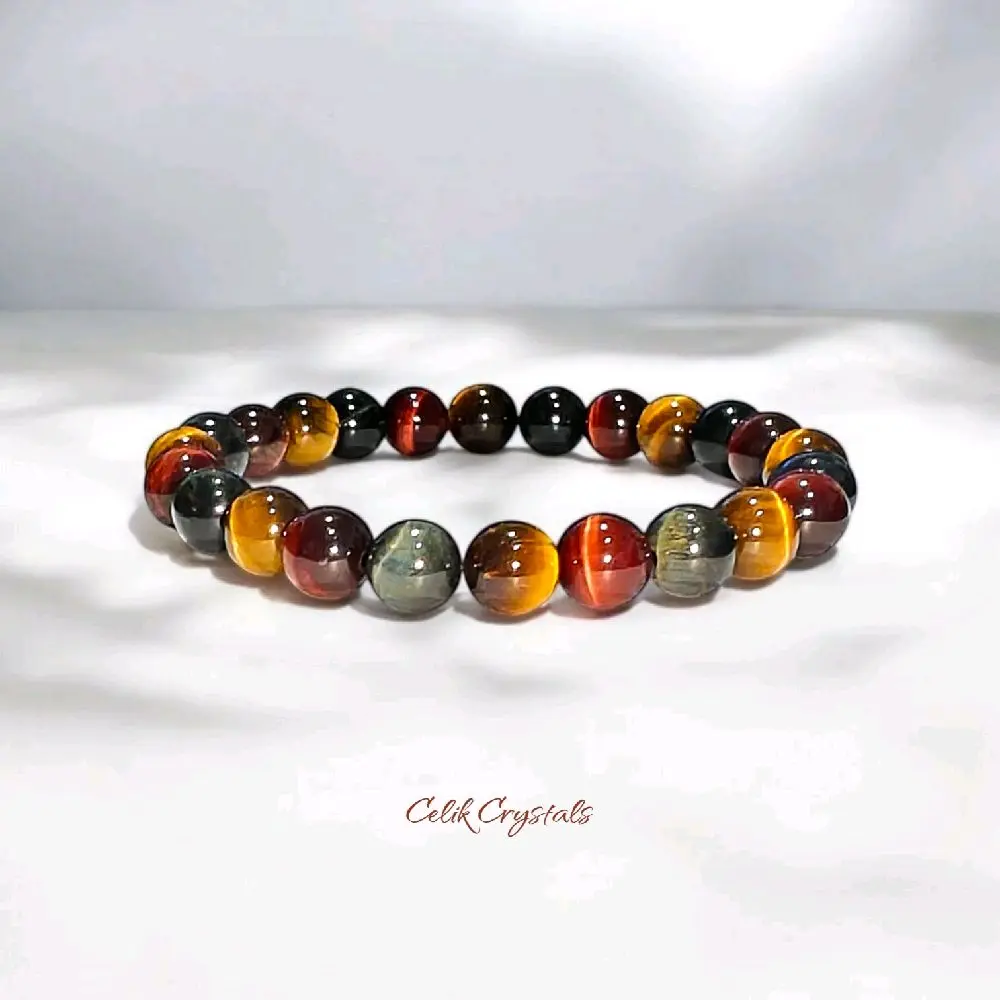 Celik Crystals Unisex Multicolor Tiger Eye Colorblock Elastic Beaded Bracelet - 8mm/10mm Handmade Natural Stone, US Design, Gift for Adults, Stackable Jewelry, Beaded Bracelets, Elastic Bracelets
