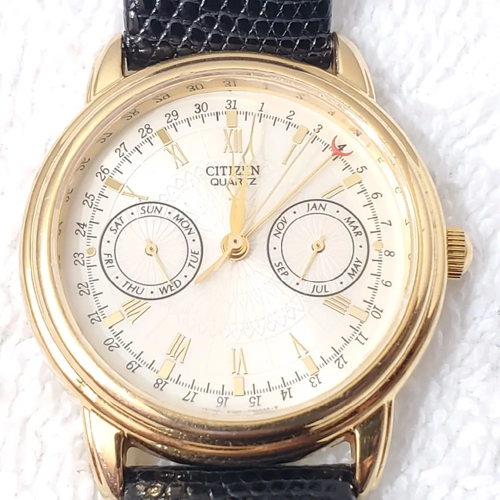 Vintage Citizen Men's Day Date Month Gold Plated Quartz Watch Black Leather Band
