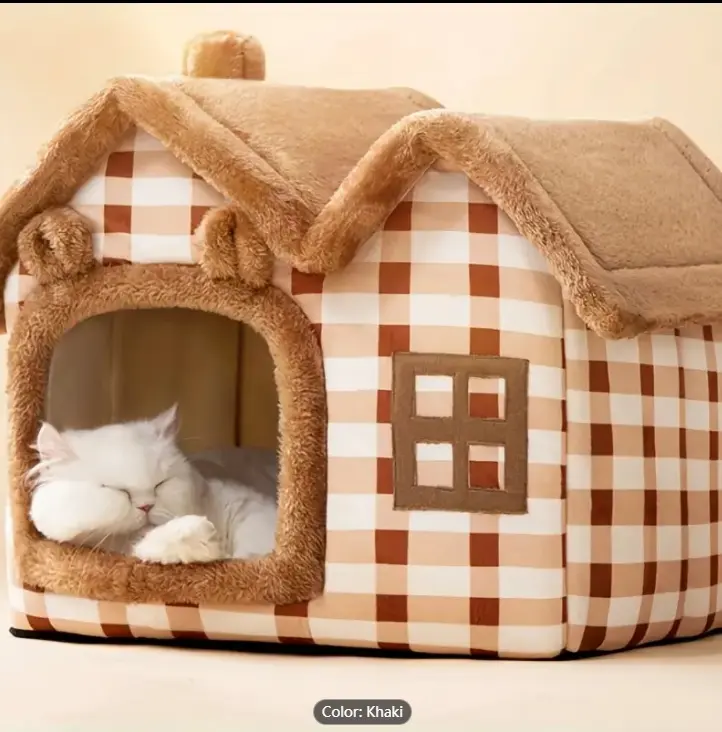Foldable Double Roof Pet House with Waterproof Bottom and Removable Cushion - Cozy Plush Kennel Bed for Indoor Use