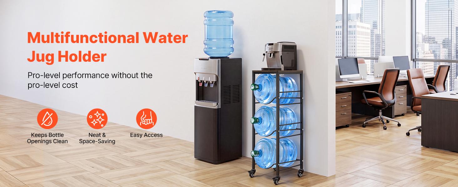 【summerfinds】VEVOR Water Jug Holder, 4 Tiers 3 and 5 Gallon Water Bottle Holder for 3 Bottles, Heavy Duty Jug Rack Organizer with Storage Shelf and Casters, for Kitchen, Office, Living Room, Black and Brown 【summerfinds】VEVOR Water Jug Holder, 4 Tiers 3 and 5 Gallon Water Bottle Holder for 3 Bottles, Heavy Duty Jug Rack Organizer with Storage Shelf and Casters, for Kitchen, Office, Living Room, Black and Brown
