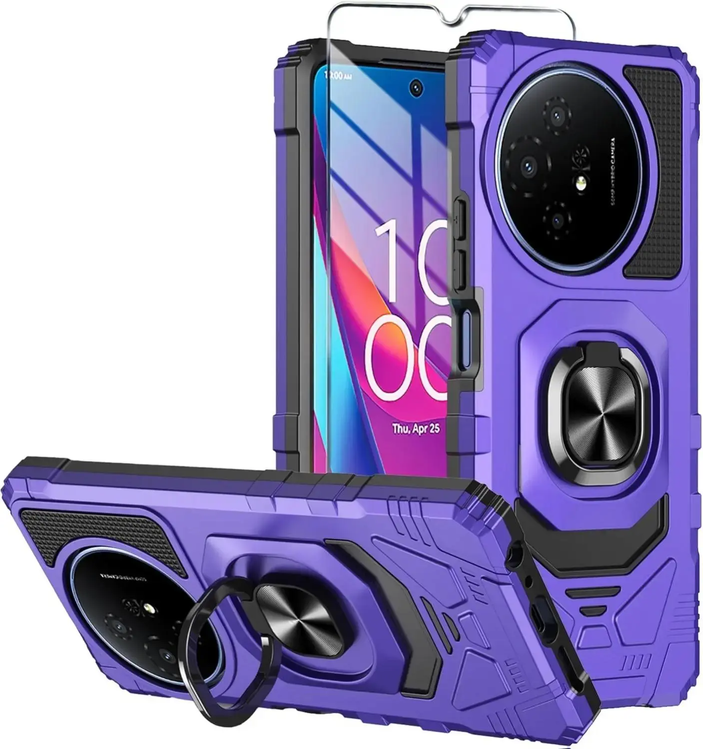 TCL 50 XL 5G Phone Case with Tempered Glass Screen Protector, Military Grade Heavy Duty Shockproof Protective Cover, Ring Kickstand for TCL 50 XL (Purple)