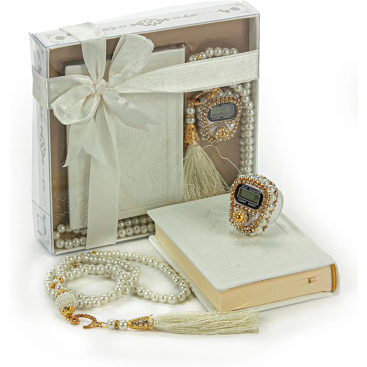 Online Medina Calligraphy Quran Set with Islamic Finger Counter, Portable Digital Prayer Tasbeeh, Pearl Zikirmatic Beads, 3 Pieces Gift for Ramadan &