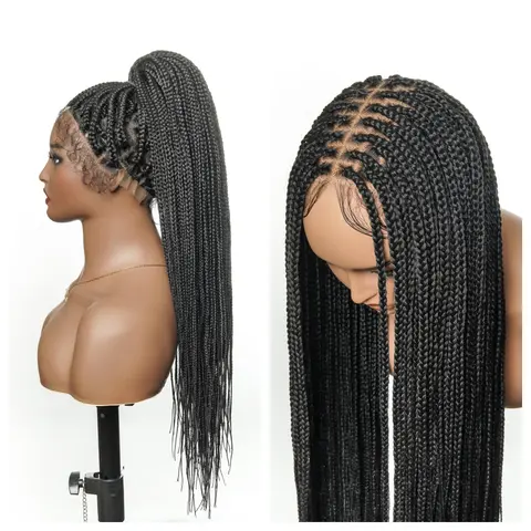 JALIZA Synthetic Micro Knotless Box Braided Wig for Black Women - Upgrade Pre-Bleached HH Base, HD Full Lace Precut, 121-Strand High Density, 36" 490g, Natural Baby Hair, Adjustable, Easy Install Lace Frontal Wigs for Braids Hairstyles
