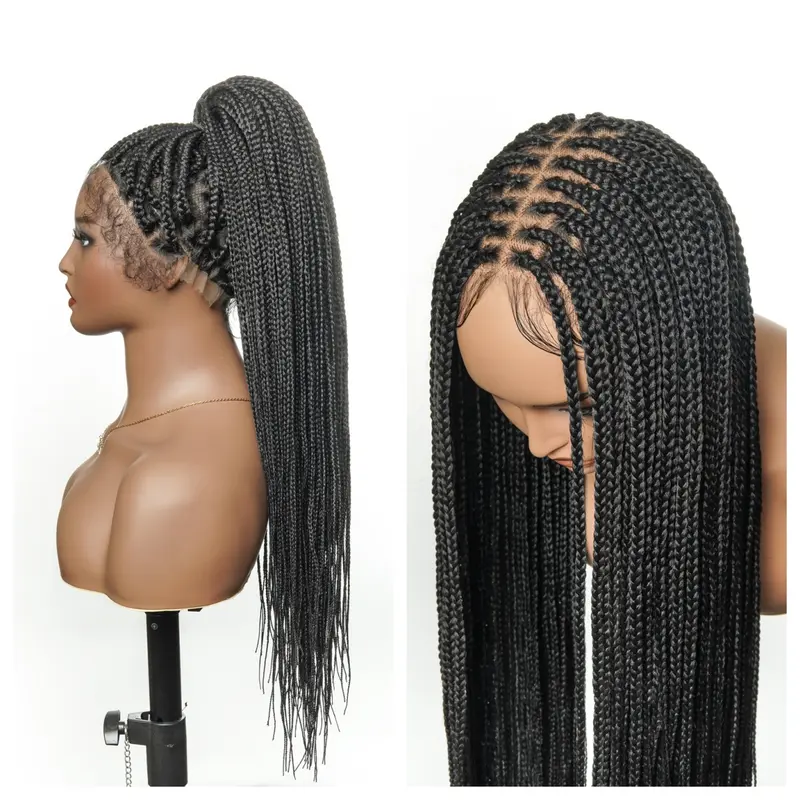 JALIZA Synthetic Box Braided Wig for Black Women - Upgrade Pre-Bleached HH Base, HD Full Lace Precut, 121-Strand High Density, 36in 490g, Natural Baby Hair, Adjustable, Easy-Install Lightweight Straight Female Wig
