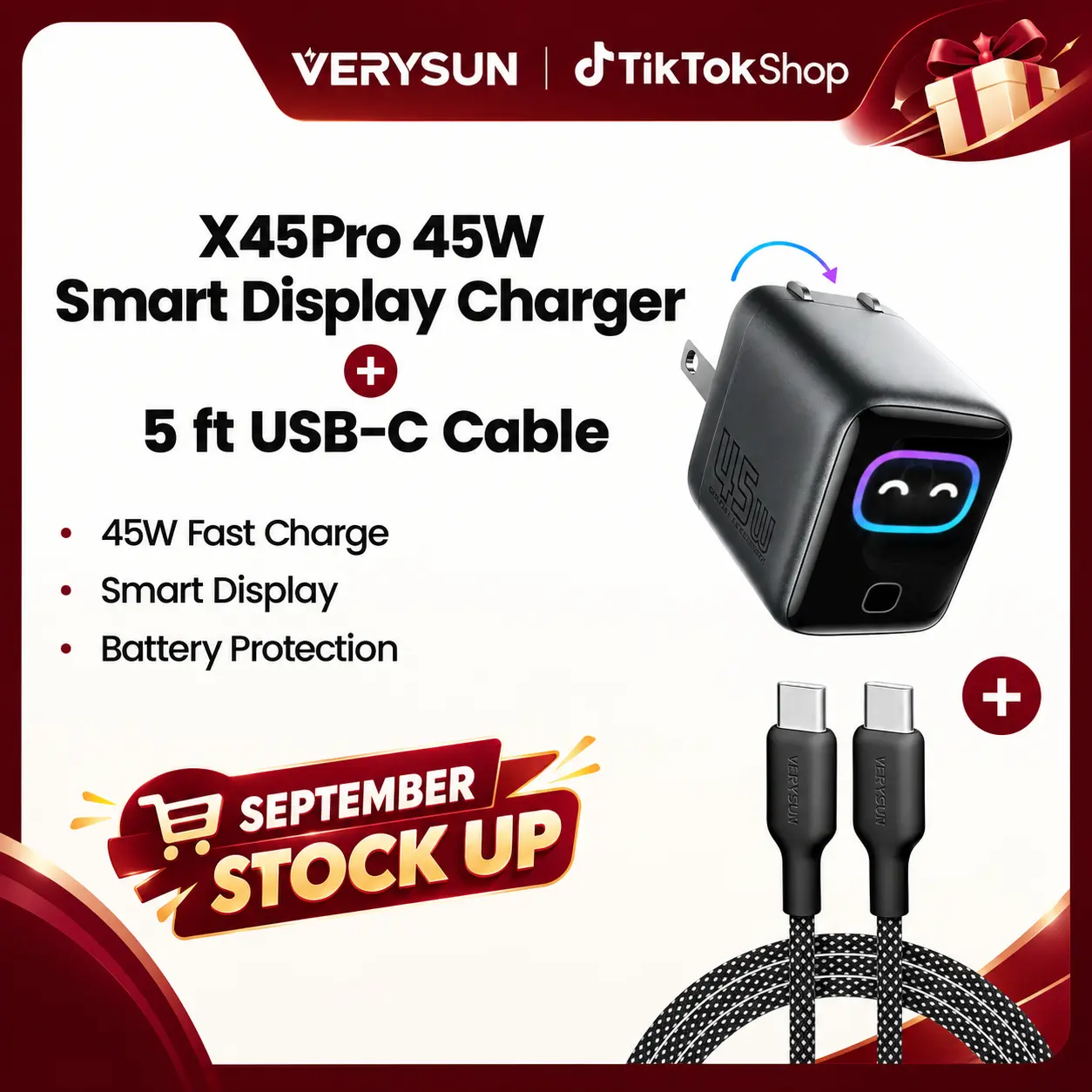 Verysun Smart Display Wall Charger 45W Fast Charging with 5ft USB-C to USB-C Cable, Switchable Charging Modes & Battery Protection, Device Detection, Real-Time Charging Display, Emoji Animation, Foldable Plug, for iPhone, iPad & MacBook, iPhone 18 Ready