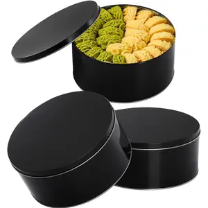3 Pack Cookie Tin with Lid, Round Gift Tin, Black Baking Cake Container for Storing Patisseries, Snack, Chocolate, Easter, Special Occasion, Holidays, 7" Wide by 3.2" Tall