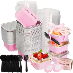 100 count 5oz Mini Cake Pans with  & Spoons,  Foil Small Baking Cups Tins, Disposable Ramekins Loaf Pans Dessert Cups Set with Stickers & Ribbon  for Wedding Party Picnics