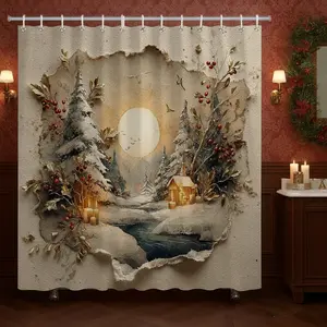 Christmas Series Bathroom Set, Plaid Toilet Cover Pad, Waterproof Shower Curtain, Non-Slip Mat, Bath Rug, 4-Piece Combo Pack, Shower Curtain Sets