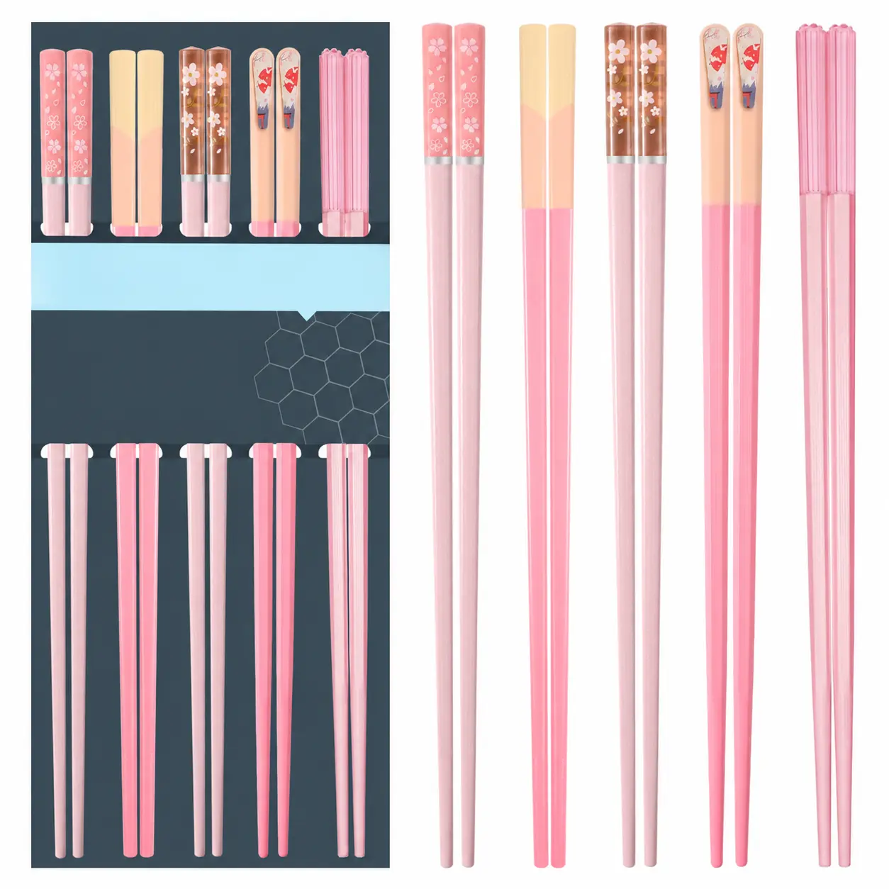 5 Pairs 9.57" Pink Fiberglass Reusable Chopsticks - Non - slip, Dishwasher Safe Gift Set, Sushi Ramen Chopsticks,Tableware, Cutlery