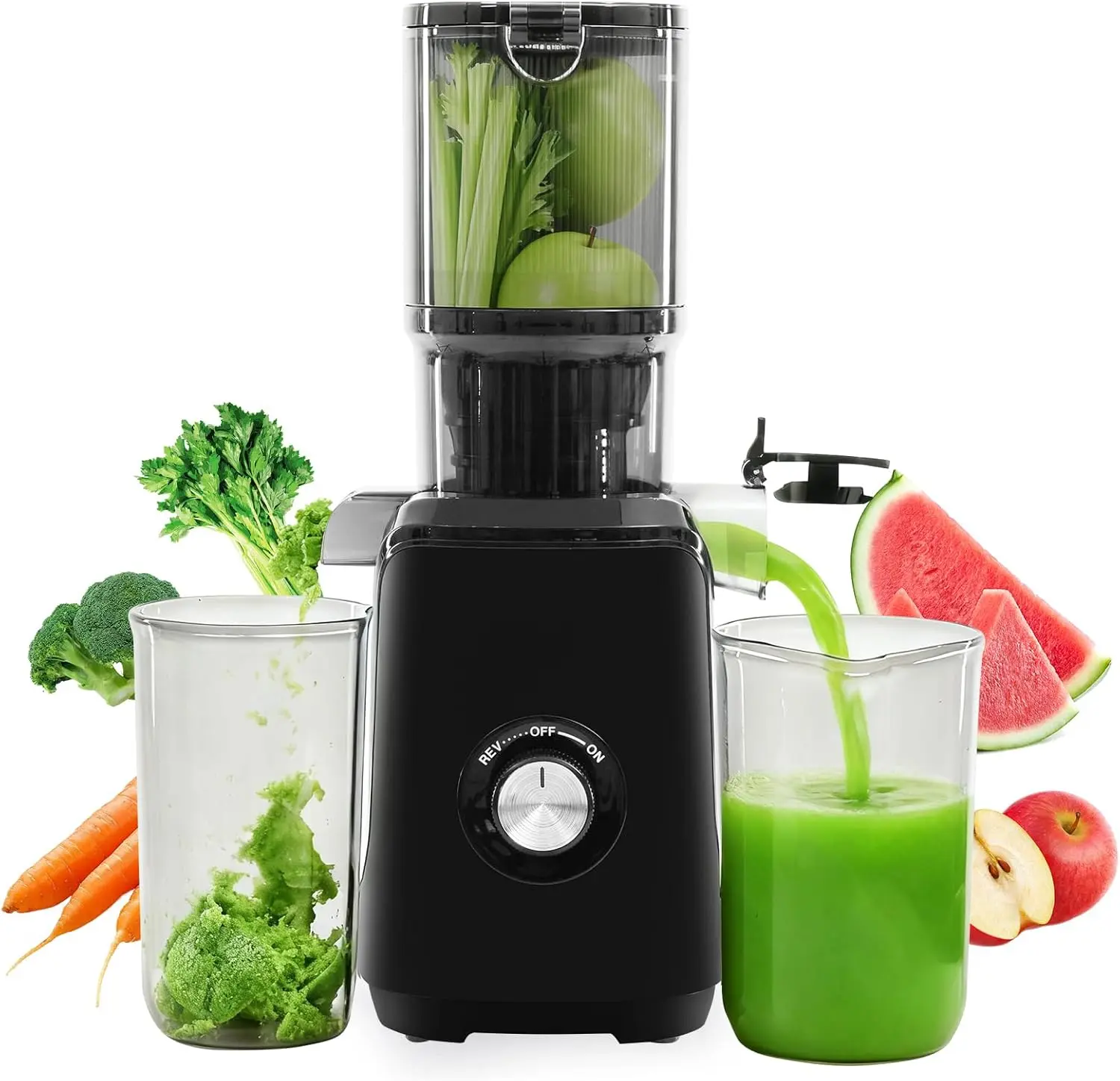 Slow Masticating Juicer, Blade-Free Cold Press Juicer with Safety Lock, Whole Fruit & Vegetable Juicer, Easy Clean, Black/Silver