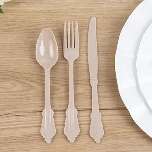 72 Pcs Plastic Silverware Set Taupe in Baroque Style - Heavy Duty Disposable Knife, Fork, and Spoon Set