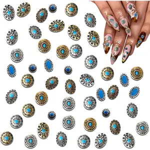 50Pcs Turquoise Nail Decoration Sheets, 3D Metallic Gems Decor for Gel Acrylic, Vintage Cowboy Nail Charms Supplies Western Ethnic Style Decoration Accessories for DIY