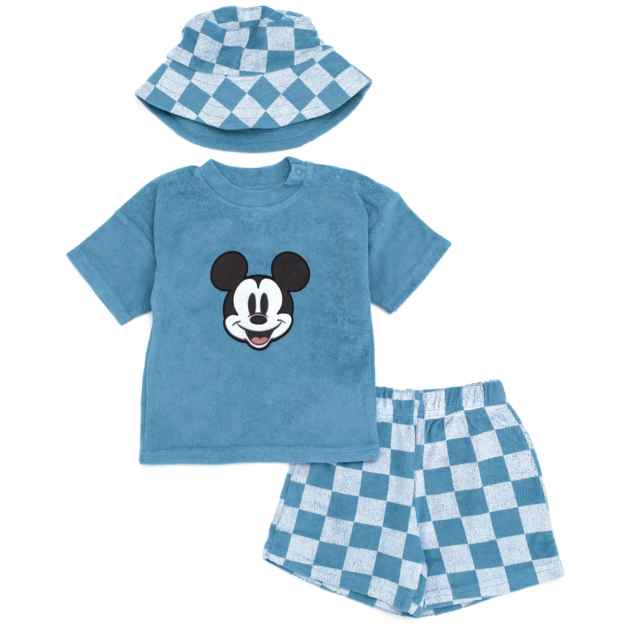 Disney Mickey Mouse Graphic Characters 3-Piece Loop Terry Outfit Set, Baby Boys' Cotton Blend T-Shirt, Shorts & Bucket Hat for 0-3 Months Newborn to Infant, Cartoon, Cozy, Elastic Waist, Everyday Play, Highly Absorbent, Yes, Short Sleeve, Cotton-Blend Loo